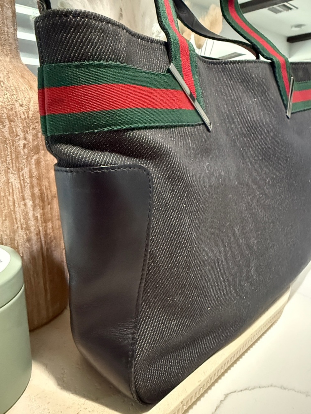 Gucci Vintage Sherry Line Gray Tote with Green & Red Web Straps RARE Canvas EUC - Picture 9 of 12